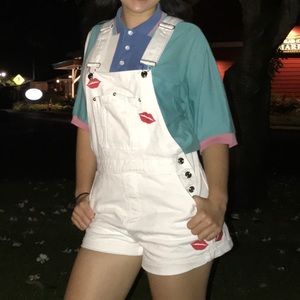 White Forever 21 Overall-shorts w/ Kiss Embroidery